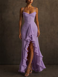 Womens Sexy Ruched Ruffle Bodycon High Low Slit Maxi Dress