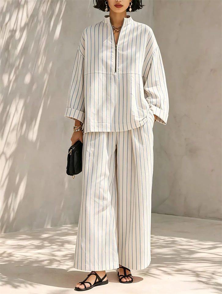 Women Simple Striped Long Sleeve Quarter Zip Top and Wide Leg Pants Set