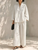 Women Simple Striped Long Sleeve Quarter Zip Top and Wide Leg Pants Set