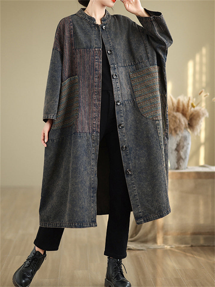 Women's Distressed Patchwork Denim Trench Coat