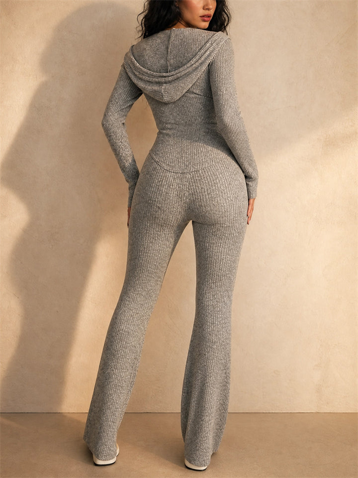 Women Ribbed Knit 2 Piece Set Zip Up Top Flare Pants Tracksuit