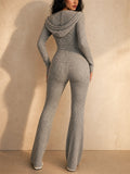 Women Ribbed Knit 2 Piece Set Zip Up Top Flare Pants Tracksuit