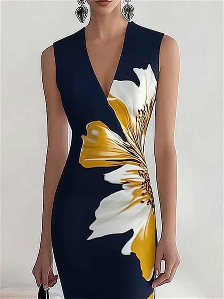 Women's Summer Elegant Flowers Printed V Neck Sleeveless Dress