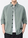Men's Casual Solid Color Cotton 3/4 Sleeve Cargo Shirts