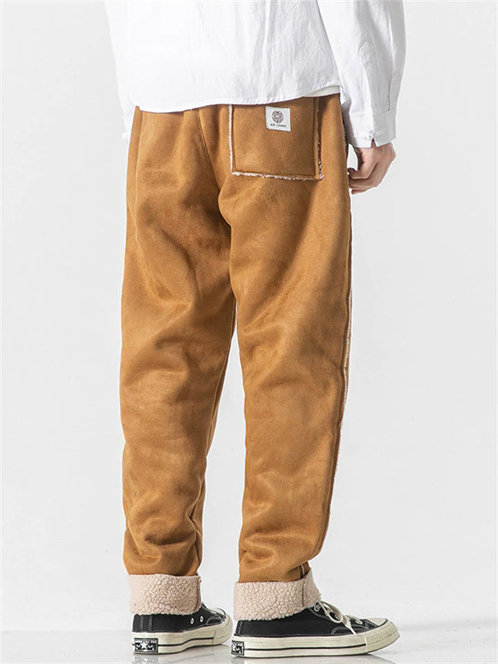 Comfy Winter Warm Fleece Lined Contrast Trim Straight Leg Pants for Men