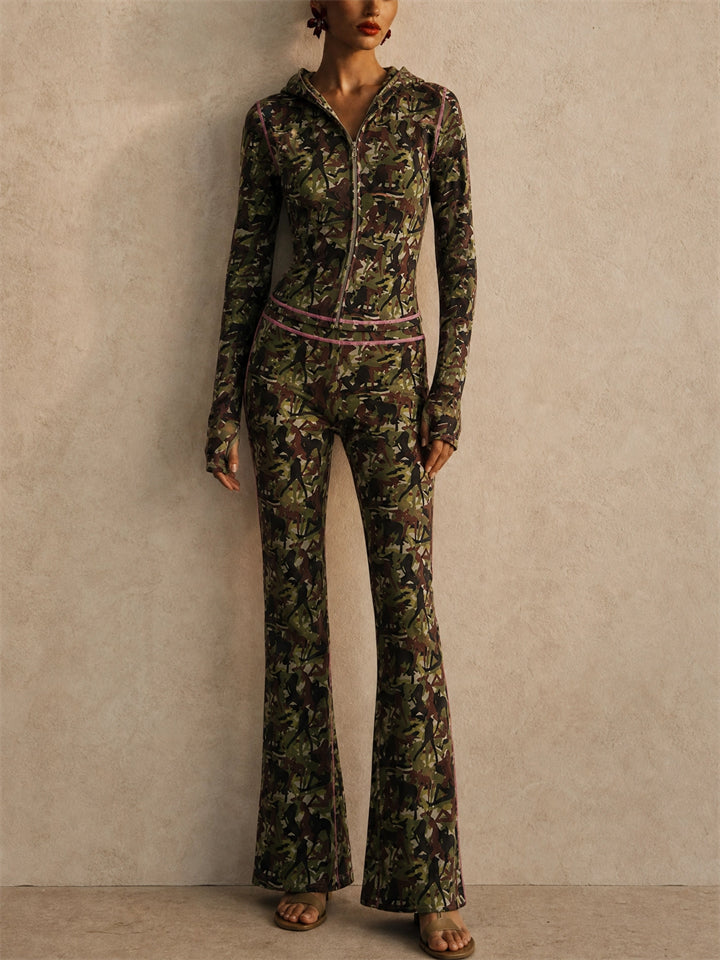 Women Camo 2 Piece Set Hooded Zip Up Top and High Waist Flare Pants