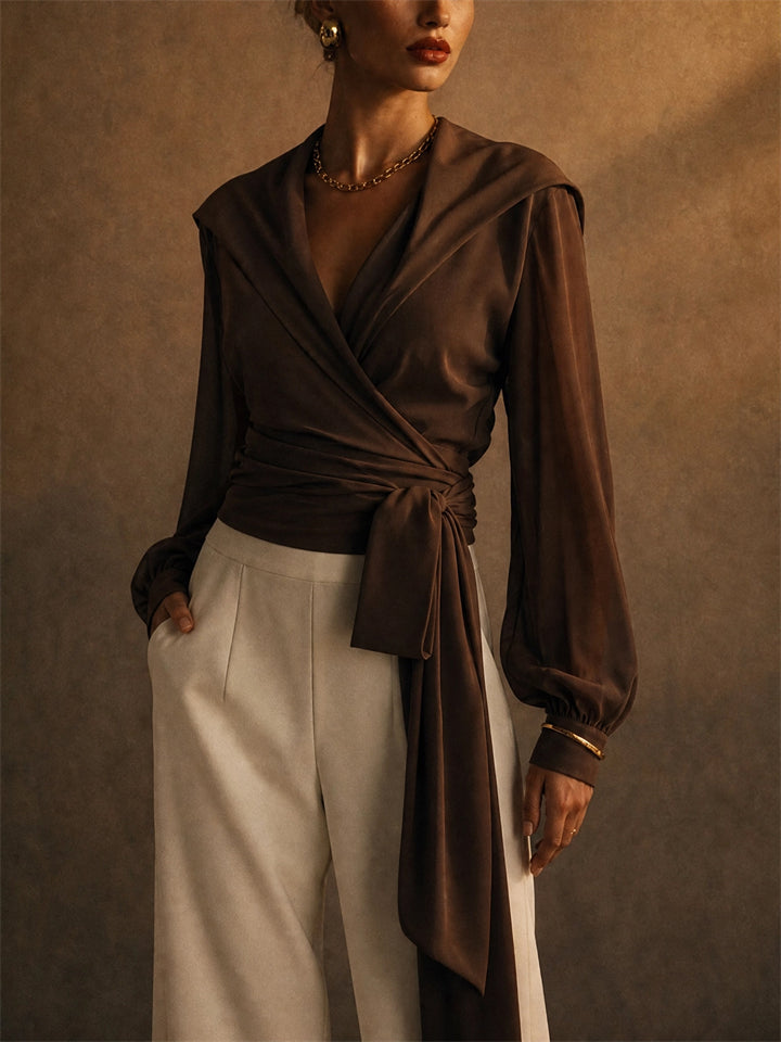 Women's Brown Wrap Blouse Elegant Tie Waist Office Style Top