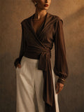 Women's Brown Wrap Blouse Elegant Tie Waist Office Style Top
