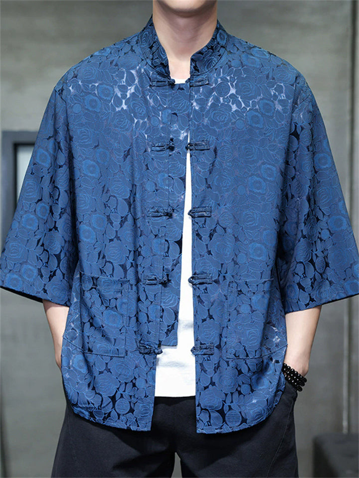 Men's Summer Cool Roses Jacquard Frog Button 3/4 Sleeve Tangsuit Shirts