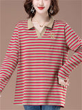 Women's Loose Contrast Color Cotton Stripe Long Sleeve Shirts