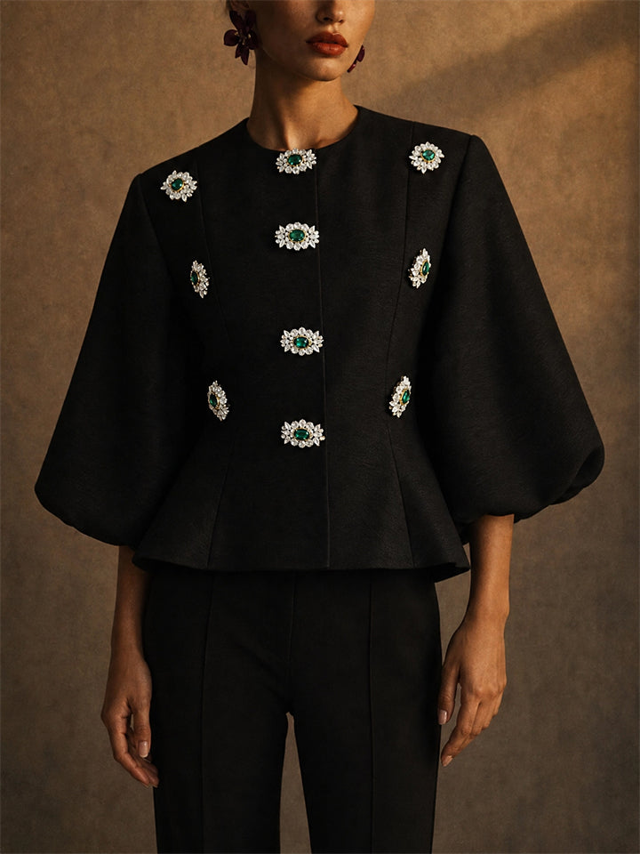 Women's Embellished Gem Buttons Elegant Party Wear Brocade Top
