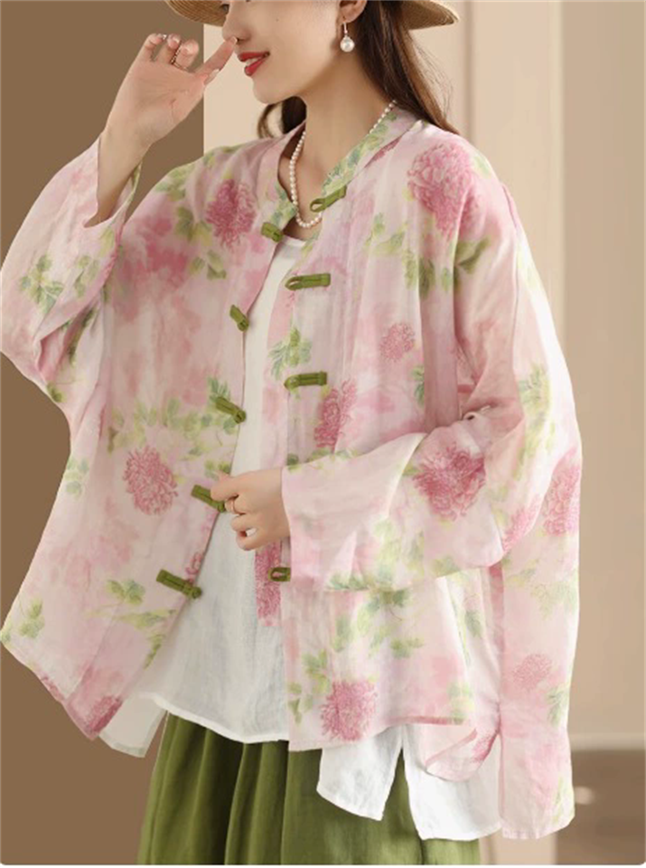 Women's Chinese Style Retro Printed Frog Button Cardigan Shirt
