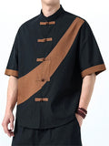 Men's Chinese Style Color Block Cotton Linen Short Sleeve Tang Suit Shirts
