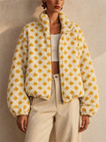 Women Casual Checkered Fleece Zip Up Oversized Teddy Jacket