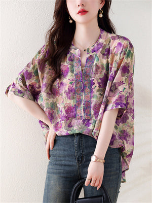 Elegant Tiny Rhinestone V Neck Flowy Floral Print Shirt for Ladies