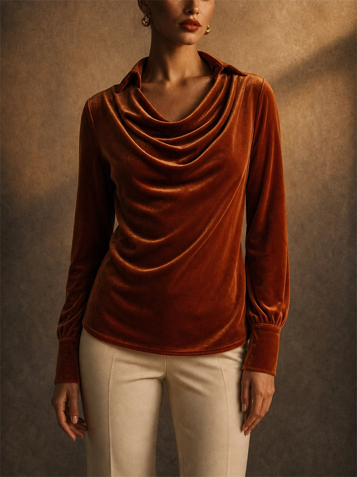 Women Elegant Velvet Cowl Neck Long Lantern Sleeve Blouse