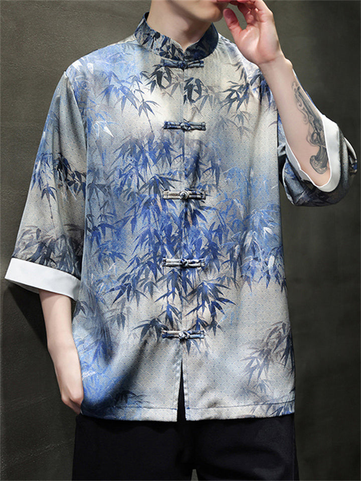Men's Cool Chinese Style Leaves Print Stand Collar Tang Suit Shirts