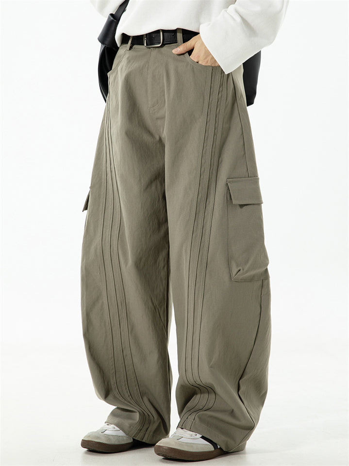 Men's Retro Japanese Style Pleated Pockets Wide Leg Scimitar Cargo Pants