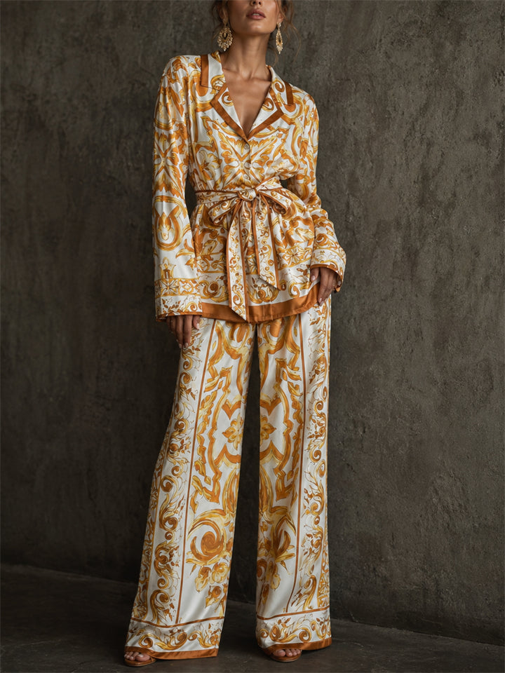 Women's Elegant Majolica Print Satin 2 Piece Wide Leg Resort Suit