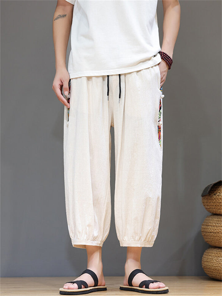 Men's Retro Ethnic Style Contrast Color Casual Beach Capri Pants