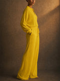 Women Casual Pleated 2 Piece Button Down Shirt and Wide Leg Pants Set
