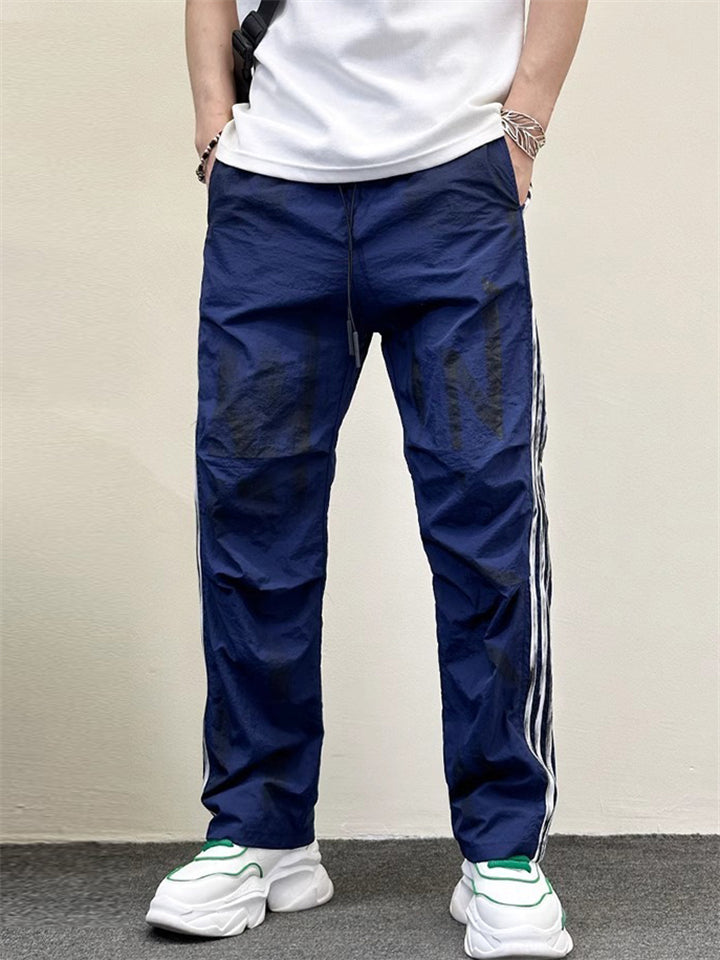 Men's Summer Distressed Letter-Print Side Stripe Track Pants