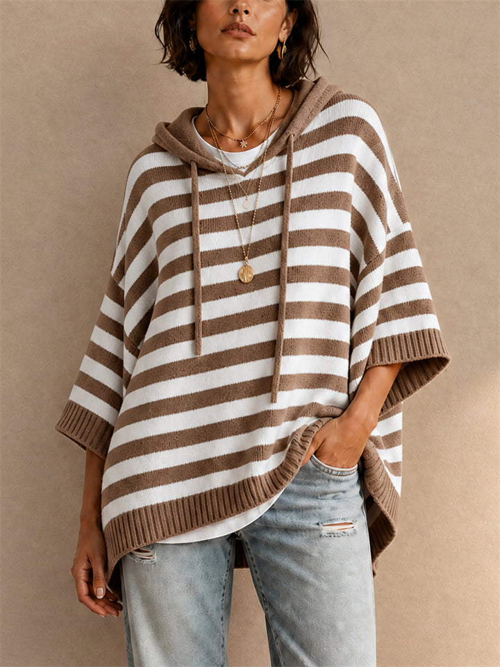 Womens Striped Knit Loose Fit Hooded Sweater