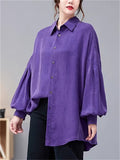 Women's Autumn Purple Elegant Loose Lapel Lantern Sleeve Shirts