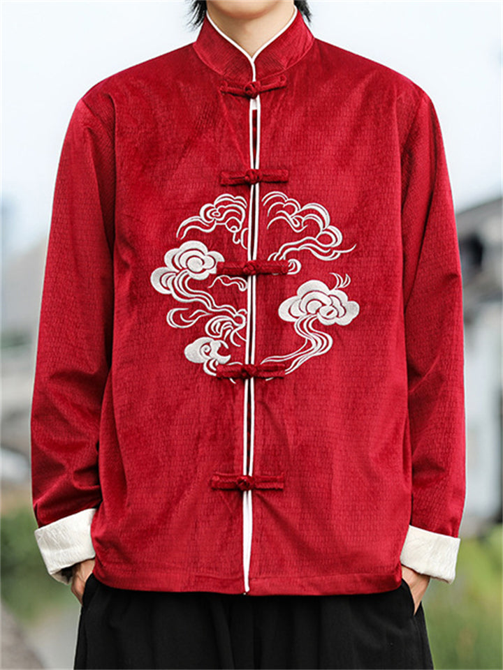 Men's Corduroy Chinese Style Jacket with Cloud Embroidery and Knot Buttons
