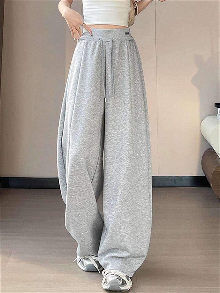 Women's Casual Rhinestone High Waist Baggy Wide Leg Sweatpants