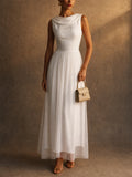 Women Cowl Neck Tulle Sleeveless Midi Gown Dress