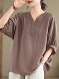 Women's Solid Color Embroidery V Neck Comfy Short Sleeve Shirt