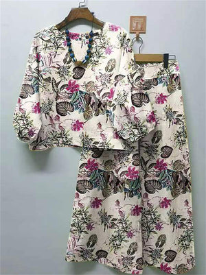 Women's 2pcs Casual Print Round Neck Top & Wide Leg Pants Set