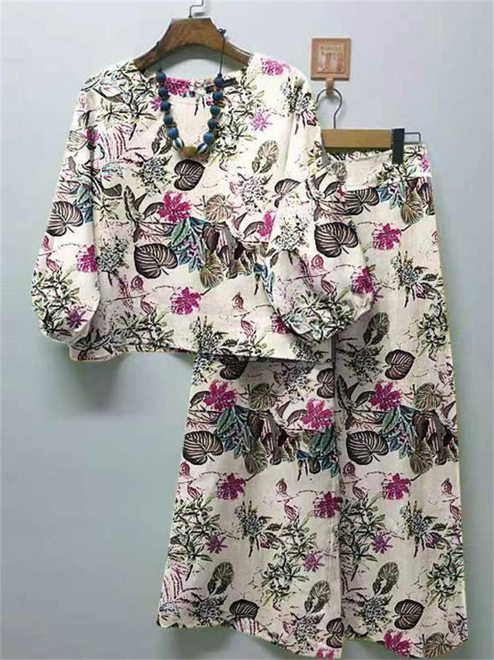 Women's 2pcs Casual Print Round Neck Top & Wide Leg Pants Set