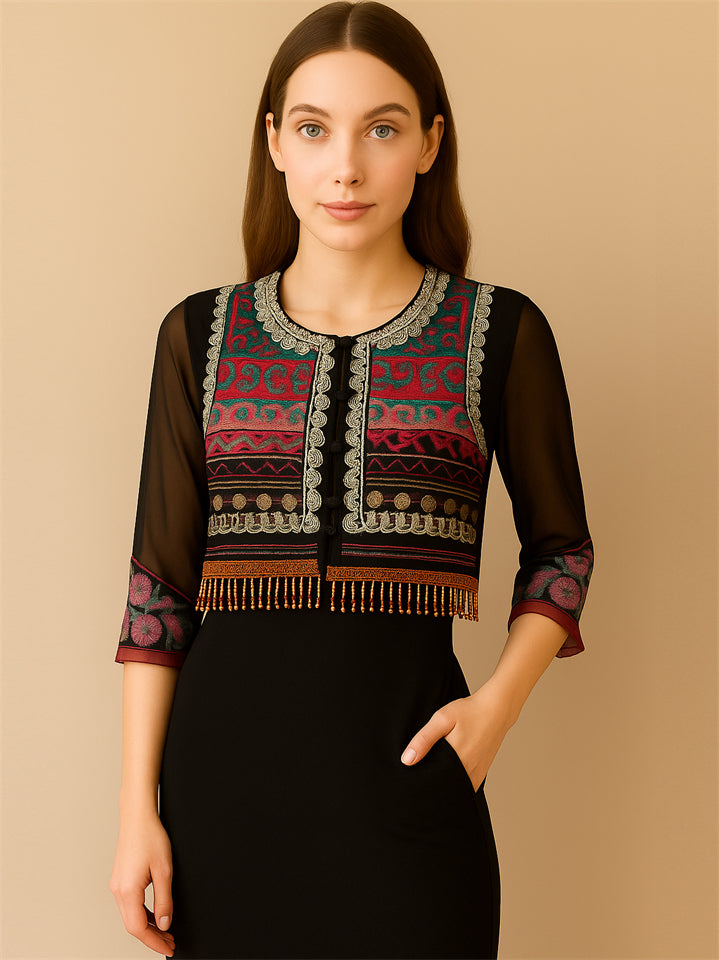 Women's Ethnic Style Embroidery Patchwork Vest with Fringe