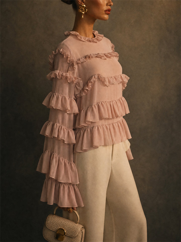 Women Ruffle Mock Neck Long Sleeve Chiffon Blouse