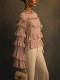Women Ruffle Mock Neck Long Sleeve Chiffon Blouse