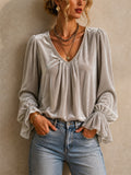 Womens Elegant Velvet V Neck Ruffle Flare Sleeve Blouse