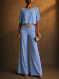 Women 2 Piece Causal Sequin BatWing Sleeve Top and Wide Leg Pants Set