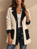 Women Color Block Fleece Button Down Teddy Jacket with Pockets