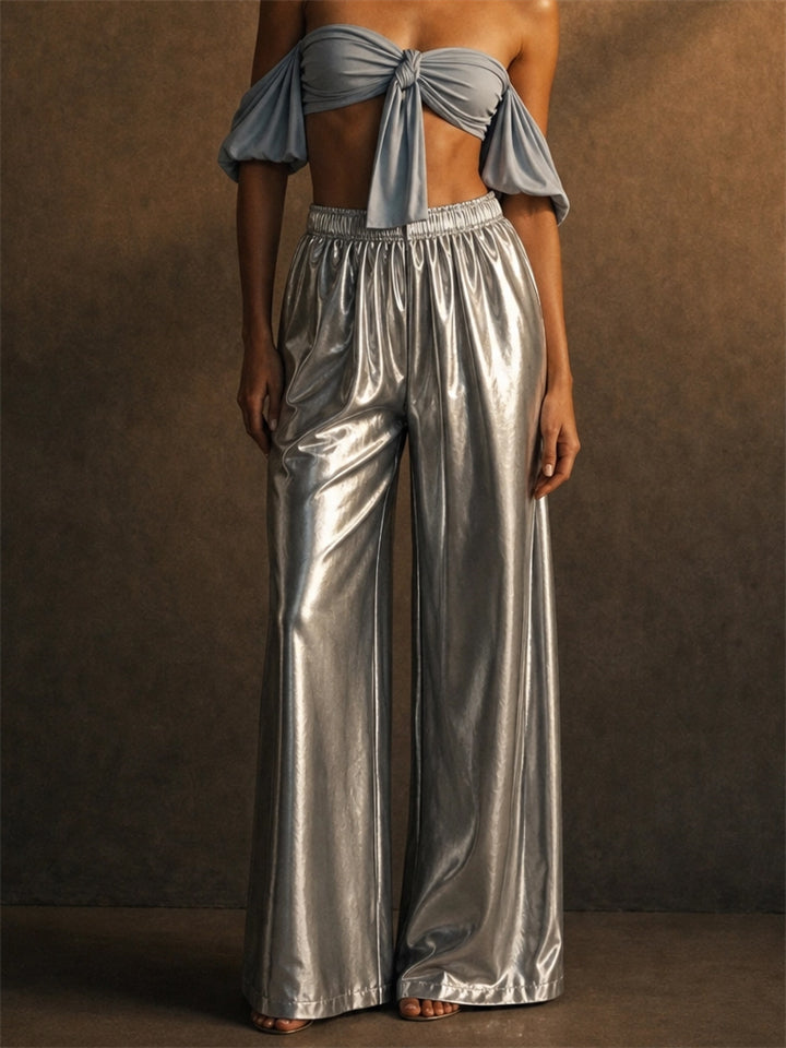 Womens Metallic Drawstring High Waist Wide Leg Shiny Party Pants