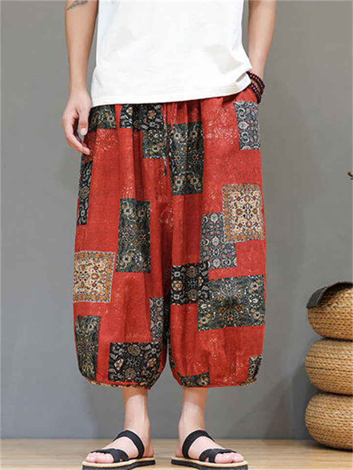 Men's Ethnic Style Contrast Color Print Beach Capri Pants
