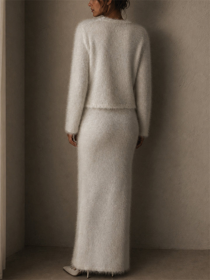 Women's Fuzzy Knit 2 Piece Gold Buttons Cardigan and Maxi Skirt Set