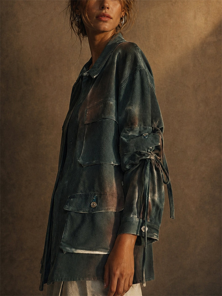Women's Vintage Wash Oversized Utility Cargo Shirt Jacket