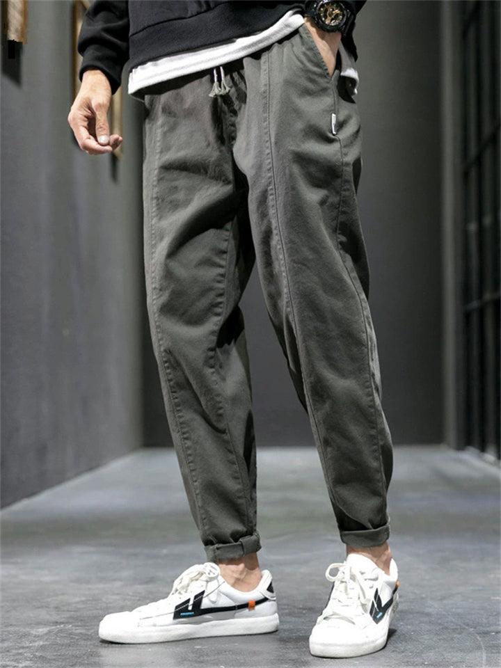 Men's Cotton Drawstring Casual Loose Fit Tapered Leg Cargo Pants