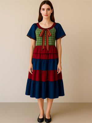 Women's Contrast Color Plaid Patchwork Tiered Dress