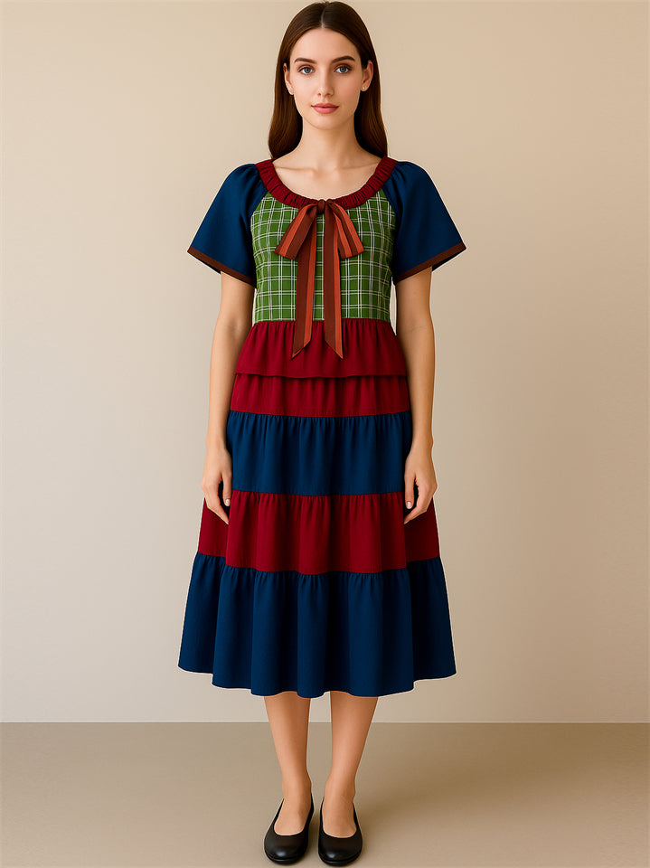Women's Contrast Color Plaid Patchwork Tiered Dress