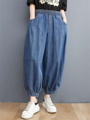 Women's Elastic Waist Wide Leg Cropped Jeans