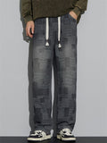 Men's Retro Casual Loose Straight Plaid Denim Pants for Spring Autumn