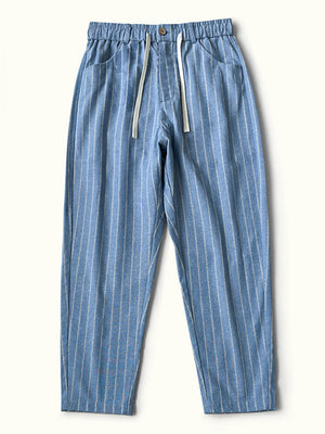 Men's Striped Loose Cotton Linen Ankle Pants for Holiday